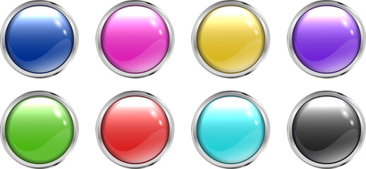 Set of 8 colored buttons with glass effect in silver volumetric frame. Blue. Black. Turquoise. Red. Green. Pink. Purple. Yellow. EPS file. Premium vector illustration