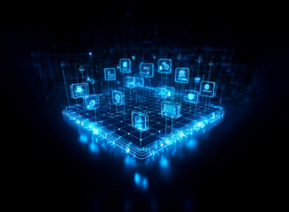 Wall Mural - futuristic blue platform glows in the dark, supporting floating icons. digital network concept with 