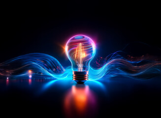 Wall Mural - Illuminated lightbulb radiates vibrant energy waves in a dark space. Warm light emanates from the bulb, surrounded by cool blue and purple flowing energy.