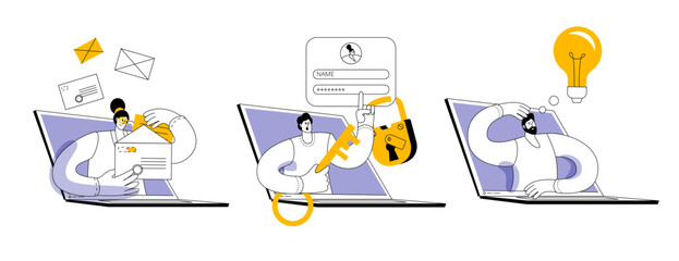 set of vector illustrations with characters. man holding virtual key, sorting email, searching for n