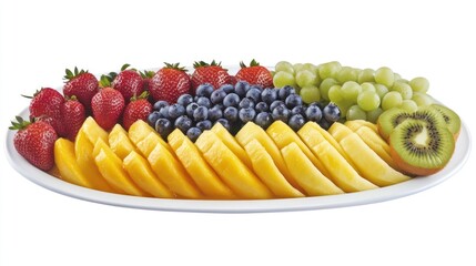 Wall Mural - Fresh fruit platter strawberries, blueberries, grapes, mango, kiwi.  Healthy breakfast or snack