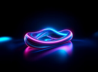 Wall Mural - A glowing three-dimensional abstract form with smooth curves is illuminated by vibrant blue and pink neon lights, creating a futuristic and modern look on a reflective surface.