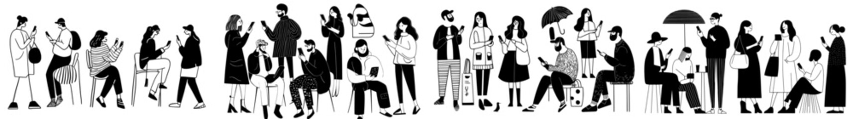 A monochrome illustration featuring people of various ages in different poses, created in a simple line art style and set against a white background