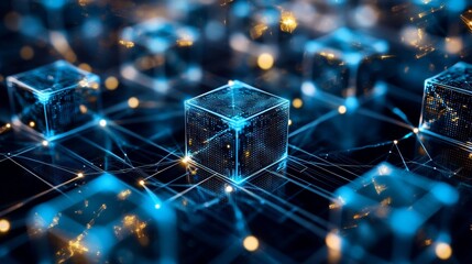 Wall Mural - 3D render of blocks with blue glowing lights, technology background