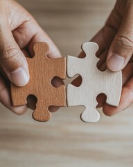 Poster - Collaborative Minimalism Diverse Hands Connecting Wooden Puzzle Pieces - Strategic Problem-Solving Visual for Dynamic Workspace and Team-Building Engagement