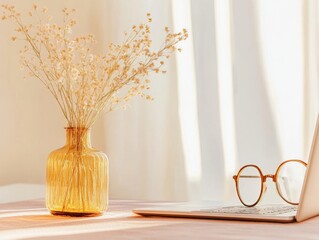 Poster - Modern Minimalist Desk Transparent Glass Vase with Dried Flowers and Sleek Laptop - Contemporary Workspace Design for Remote Business Efficiency and Aesthetic Appeal