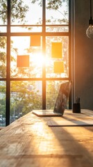 Poster - Modern Workspace Aesthetic Sunlit Wooden Desk with Tablet at Sunrise - Digital Productivity Content and Contemporary Office Environment Design