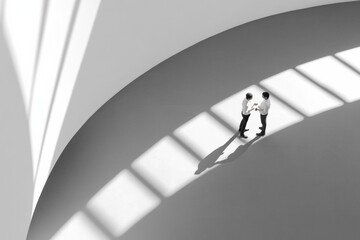 Poster - Minimalist Office Interaction Monochrome Open Space with Natural Light and Team Collaboration - Innovative Architectural Design Enhancing Workplace Communication for Modern Business Efficiency