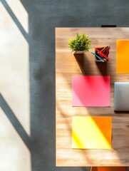 Aufkleber - Industrial-Chic Office Workspace Vibrant Paper Sheets and Minimalist Wooden Table - Agile Collaboration Visual for Modern Corporate Strategy and Workflow Enhancement