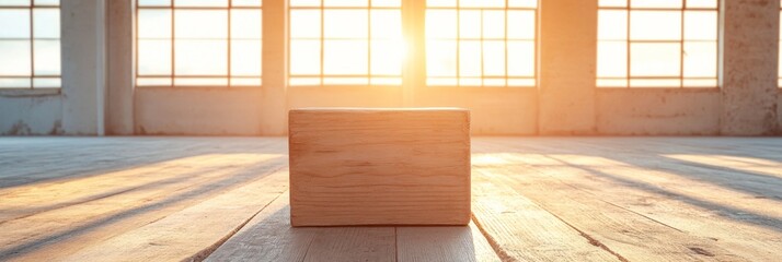 Aufkleber - Scandinavian Fitness Aesthetics Wooden Box Platform with Sunlit Industrial Background - Elevating Athletic Training Content and Dynamic Gym Space Marketing