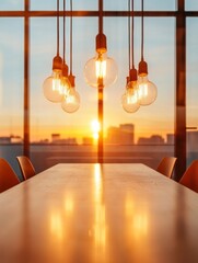 Leinwandbilder - Industrial Chic Office Vibes Warm Ambient Lighting over Minimalist Wooden Table - Inspiring Workspace Design for Modern Corporate Meetings and Creative Collaboration