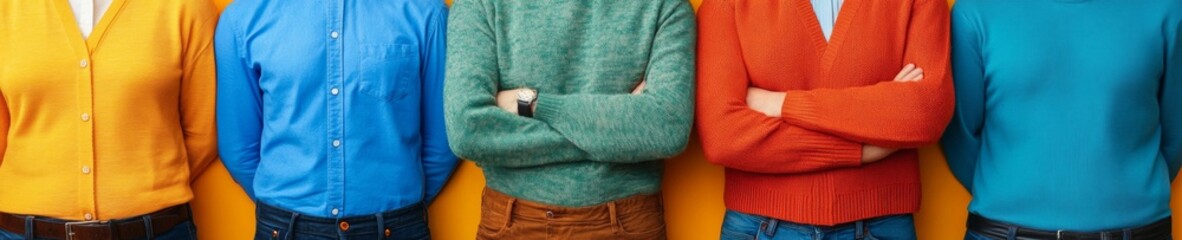 Poster - Vibrant Workforce Diversity Display Professionals in Colorful Knitwear and Denim - Modern Team Image for Business Innovation and Creative Digital Marketing
