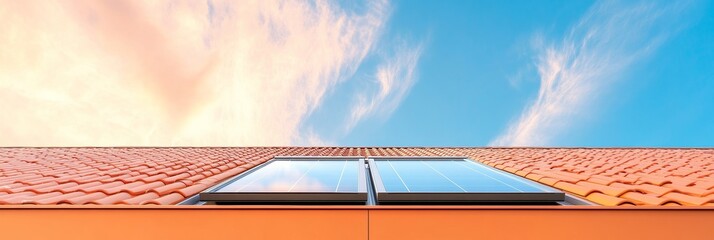Poster - Modern Solar Rooftop Aesthetic Sleek Photovoltaic Panels on Terra Cotta Tiles - Renewable Energy Content and Sustainable Architecture for Eco-Friendly Living