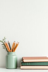 Poster - Minimalist Study Aesthetic Pastel Ceramic Pencil Holder with Stacked Textbooks on Wood - Modern Educational Content and Classroom Design for Academic Success