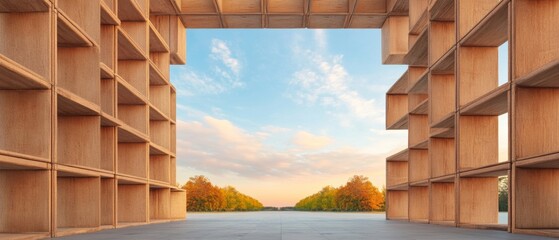 Poster - Modern Rustic Library Design Open-Concept Wooden Shelves with Sky View - Innovative Interior for Educational Environment and Knowledge Preservation