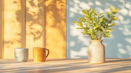 Aufkleber - Sunlit Minimalist Workspace Ceramic Mugs and Potted Greenery on Wooden Desk - Enhancing Productivity in Eco-Friendly Office Design for Modern Professionals