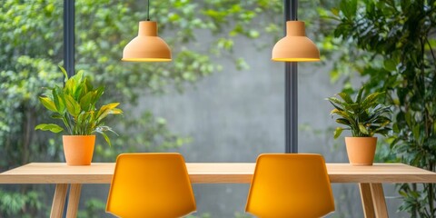 Aufkleber - Biophilic Workspace Design Dual-Screen Setup on Natural Wood Desk with Indoor Greenery - Enhancing Creativity and Focus in Modern Remote Offices