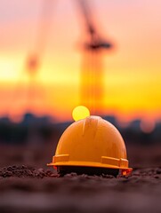 Aufkleber - Sunset Construction Aesthetic Yellow Hardhat on Soil with Building Framework - Modern Site Management Insights and Industrial Progress Visualization in Construction Engineering