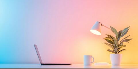 Poster - Contemporary Minimalist Desk Setup Pastel Gradient Backdrop with Laptop and Plant - Digital Workflow and Productivity in Modern Office Design for Creative Business Spaces