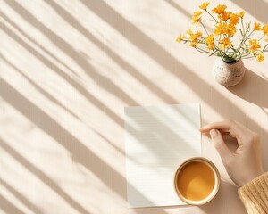 Aufkleber - Scandinavian Minimalist Desk with Floral Accents and Sunlit Coffee - Home Office Inspiration for Creative Day Planning and Eco-Friendly Workspace Aesthetics