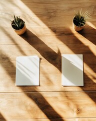 Aufkleber - Minimalist Office Table Setup with Bamboo Accents Natural Light and Shadow Play for Strategic Business Content and Eco-Inspired Workspace Planning
