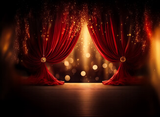 Poster - elegant red velvet curtains frame a stage bathed in soft golden light, creating a dramatic and invit