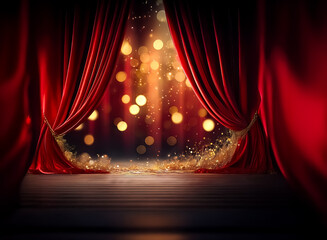 Poster - red stage curtains frame a scene illuminated by golden bokeh lights, creating an elegant and festive
