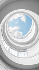 Poster - Spiral Architectural Harmony Sleek Concrete and Glass Atrium for Modern Business Environments - Inspiring Innovation and Connectivity in Urban Design