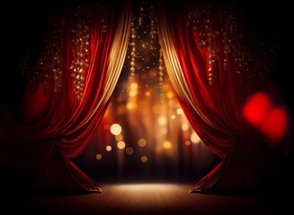 Poster - dramatic red and gold stage curtains parted, revealing bokeh lights behind. wooden floor completes t