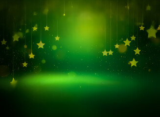 Wall Mural - a festive green backdrop with bokeh effect and hanging stars. sparkling lights create a magical and 