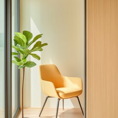 Aufkleber - Scandi-Inspired Office Nook Ergonomic Yellow Chair with Wooden Accent and Fiddle Leaf Fig - Modern Workspace Design for Enhanced Productivity in Contemporary Business
