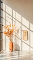 Poster - Sunlit Minimalist Office Decor with Terracotta Accents Enhancing Contemporary Workspace Atmosphere in Commercial Real Estate - Artistic Design for Modern Productivity