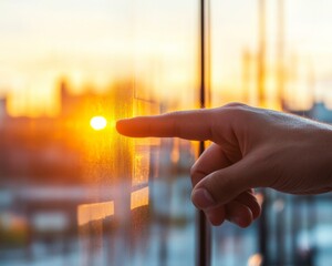 Leinwandbilder - Golden Hour Touchpoint Hand on Glass Wall Surface with Sunburst Reflection - Modern Workplace Strategy and Design Content for Innovative Team Engagement