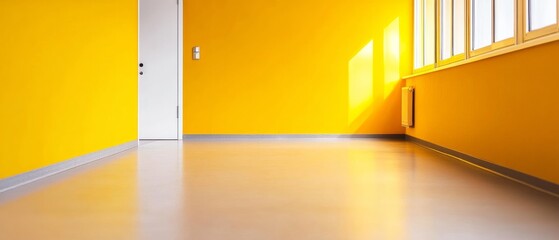 Aufkleber - Bright Minimalist Hospital Corridor Design Vibrant Yellow Walls with Natural Light for Modern Healthcare Spaces - Enhancing Patient Experience and Clinical Efficiency