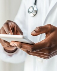 Leinwandbilder - Contemporary Tech in Healthcare African American Male Doctor Accessing Patient Data on Digital Tablet - Modern Clinical Practice and Efficient Healthcare Documentation
