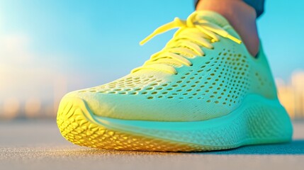 Aufkleber - Vibrant Athletic Sneaker Close-Up Yellow Mesh Lacing on Urban Concrete - Dynamic Sports Content and Contemporary Footwear Marketing for Active Lifestyle Brands