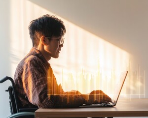 Leinwandbilder - Minimalist Digital Workspace Korean Entrepreneur in Wheelchair with Adaptive Tech and Data Charts - Inclusive Finance and Remote Work Innovation