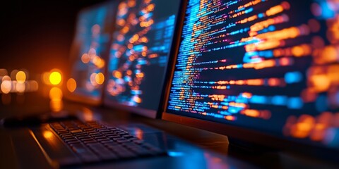 Leinwandbilder - Futuristic Coding Lab Multi-Monitor Workstation with Digital Code Interface - Empowering Tech Education and Software Development in Collaborative Spaces