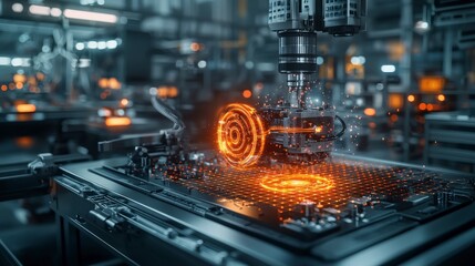 Poster - Futuristic automated process in high-tech factory visualization of industry innovation digital environment close-up view