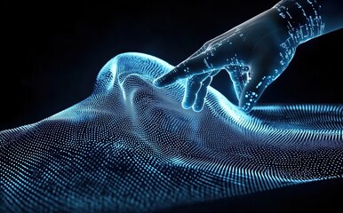 Wall Mural - illuminated digital hand gesturing towards mesmerizing fluid waves in a futuristic void