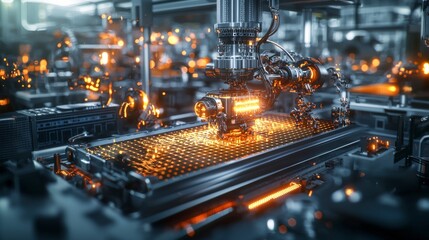 Poster - Futuristic automated process visualized with glowing elements in industrial setting close-up view technology concept