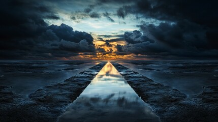 Aufkleber - Arrows of emptiness dissolving over solitude's plane at dawn coastal landscape dramatic clouds reflective water