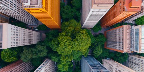 Aufkleber - Eco-Urban Skyline Aerial View of Skyscraper Contrast with Green Canopy - Trendy Real Estate Marketing for Dynamic Urban Development and Sustainable City Growth Strategies