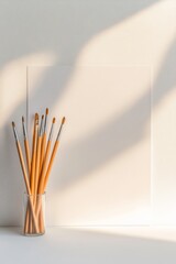 Fototapete - Minimalist Creative Workspace Wooden Brushes in Glass Holder with Light Play on Canvas - Artisanal Design Content and Contemporary Artistic Branding