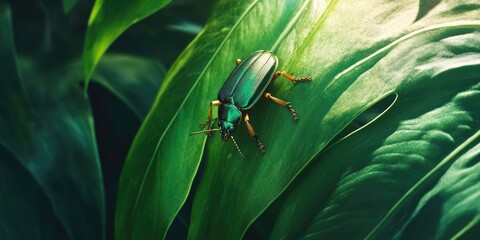 Canvas Print - Green Bug on Green Leaf