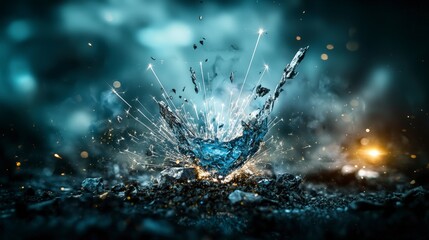 Poster - Dynamic water splash creating brilliant silver sparks in dark environment high-speed photography dramatic viewpoint