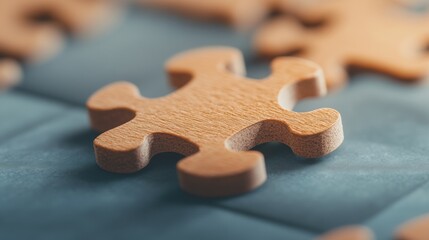 Fototapete - Textured Wooden Puzzle Piece on Blue Backdrop Strategic Decision-Making for Agile Business Solutions in Corporate Planning and Risk Management