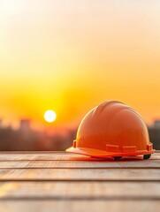 Aufkleber - Sunset Safety Aesthetic Orange Hardhat on Textured Wood Surface - Construction Progress Visuals and Industrial Branding Content for Site Management Enhancement
