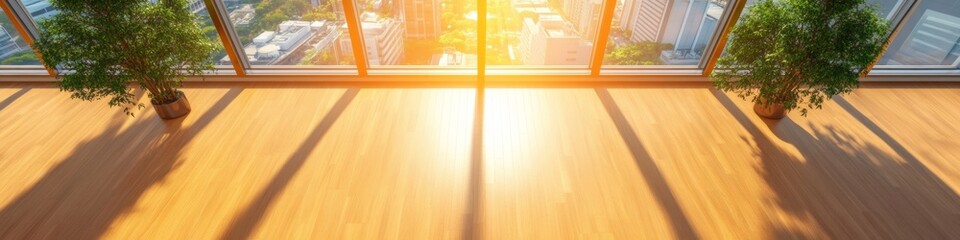 Poster - Sustainable Workspace Growth Sunlit Open Office Layout with Wooden Floors and Greenery - Enhancing Collaborative Efficiency and Wellness in Corporate Environments