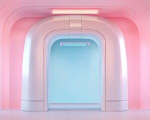 Aufkleber - Pastel Futuristic Medical Gateway Sleek Plastic Arch in Minimalist Workspace - Advanced Healthcare Content and Innovative Clinical Design for Tech-Driven Hospitals